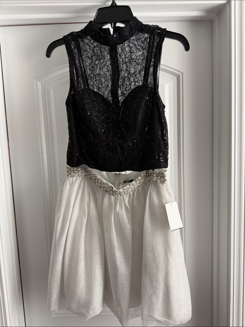 Two-Piece Black Lace and White Pearl-Trim Prom Dress